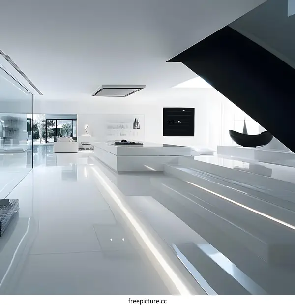 Modern Minimalist White Kitchen Interior Design With Sleek Stairs