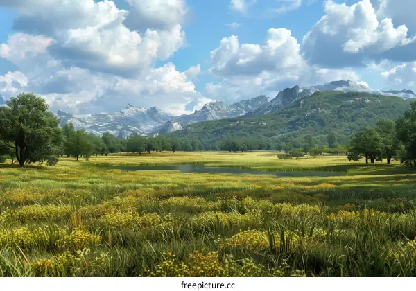 Serene Mountain Meadow Landscape with Lake and Trees
