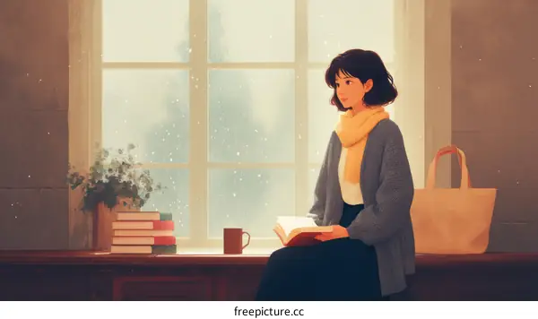 Woman Reading by the Window in a Cozy Atmosphere
