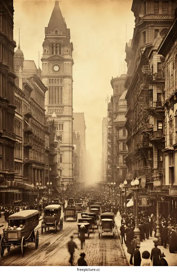 A bustling street scene in the early 20th century with horse-drawn carriages and early automobiles and pedestrians
