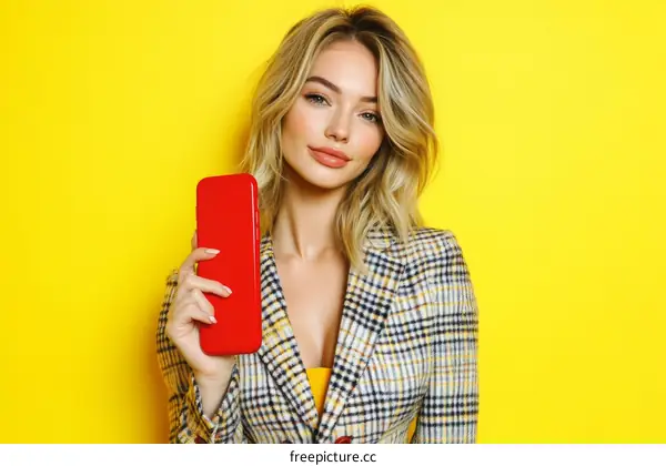 Blonde Woman Holding Red Phone Against Yellow Background