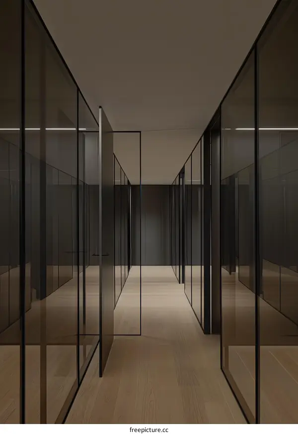 Modern Office Interior Design with Glass Walls and Wooden Floor