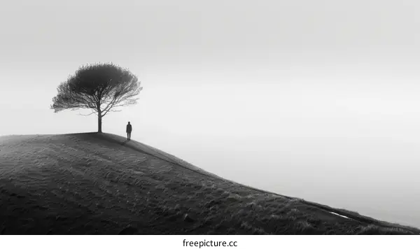 Man standing alone on a hilltop overlooking a foggy landscape