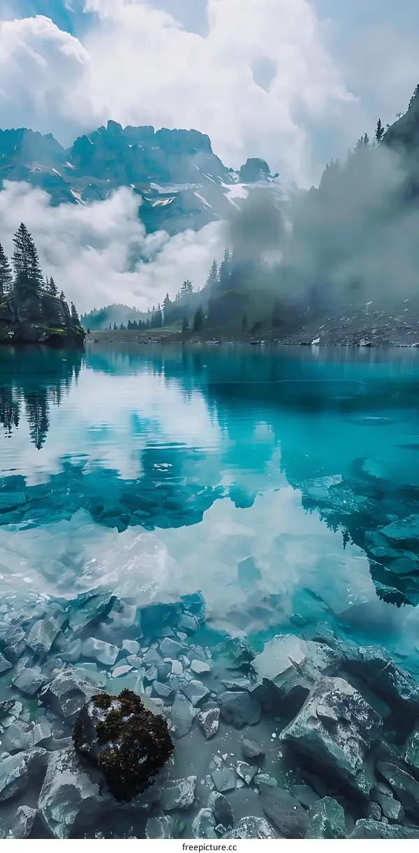 Mountain Lake With Clear Water And Fog