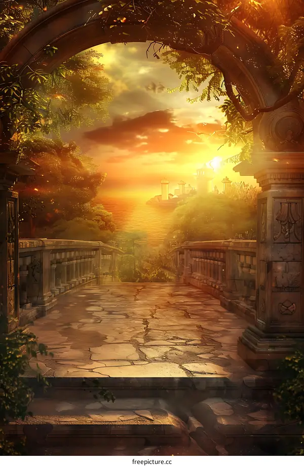 Stone Bridge Leading To A Sunset