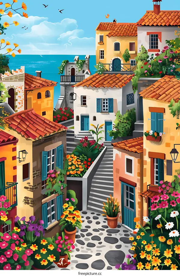 Colorful Mediterranean Village Illustration