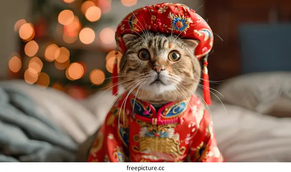 A cute cat wearing a Chinese traditional costume