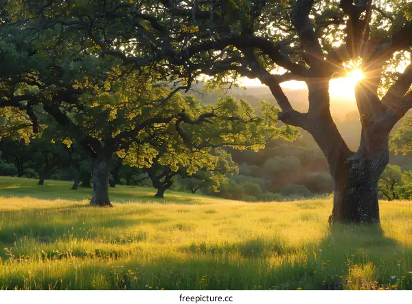 The sun shines through the branches of two large oak trees over a grassy field