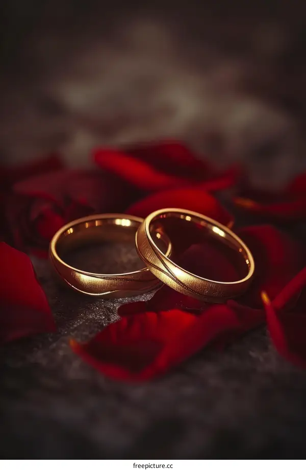 Two Golden Wedding Rings Surrounded by Red Rose Petals on Dark Stone Surface