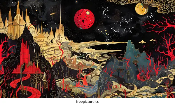 Abstract Illustration of a Fantastic Landscape with a Red Moon