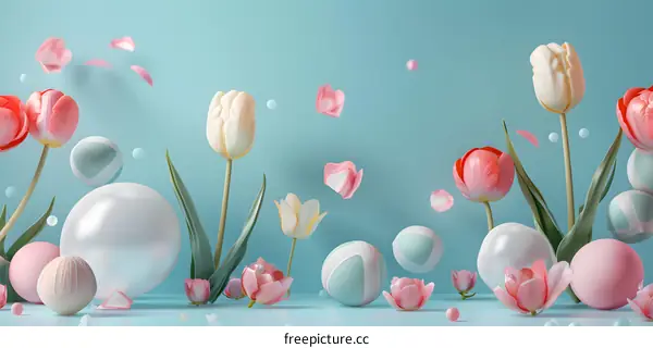 Pastel Colored Tulips and Spheres on a Blue Background