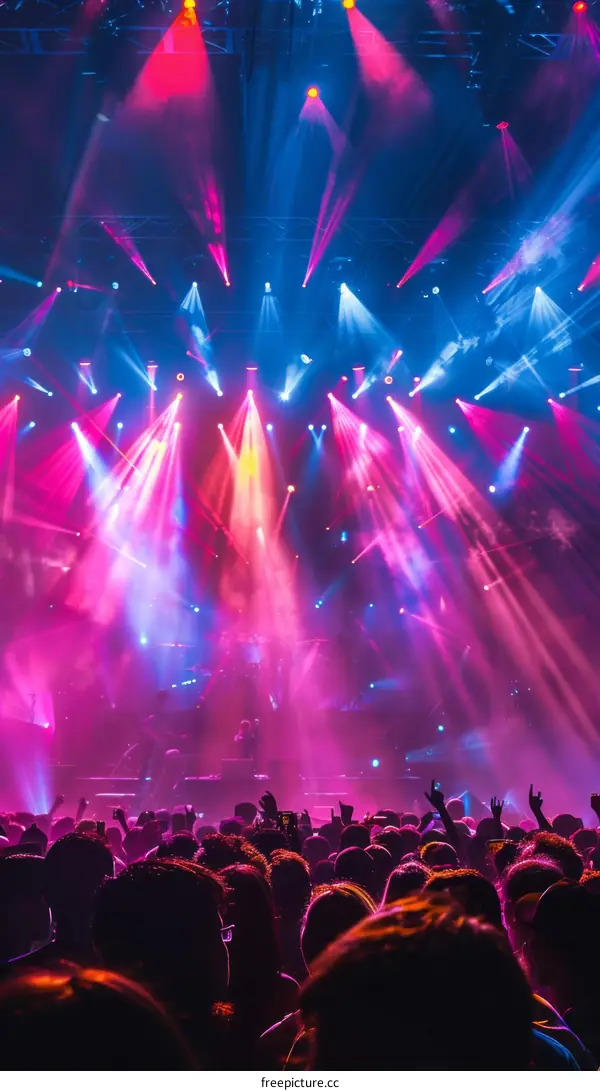 Colorful laser lights at a concert with a large crowd
