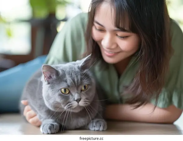 A young woman is petting a gray cat