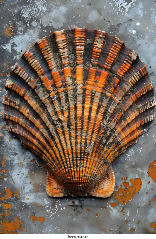 Orange and Brown Scallop Shell on a Textured Background
