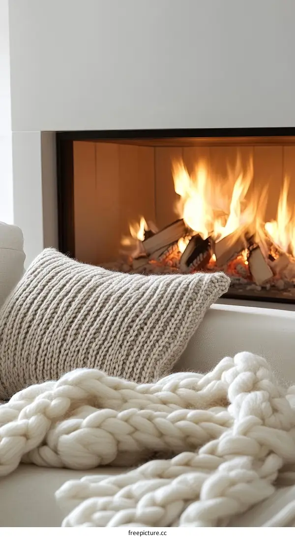 Cozy Knitted Throw and Pillow by the Fireplace