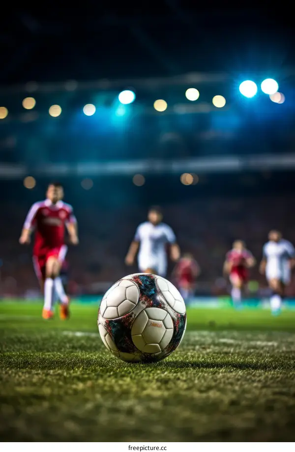 Close up of a soccer ball on grass with blurred soccer players in the background