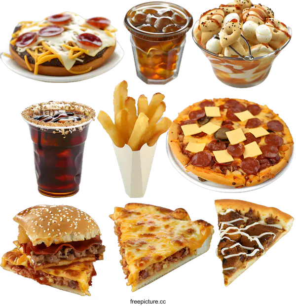 [Transparent Background PNG]Fast Food Collage with Pizza, Burgers, French Fries and Soft Drinks