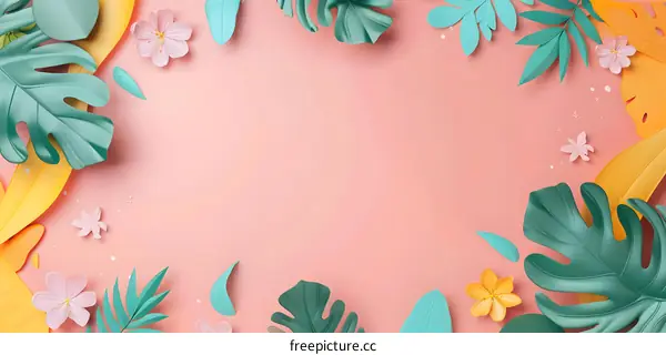 Tropical Leaves and Flowers on Pink Background Summer Illustration