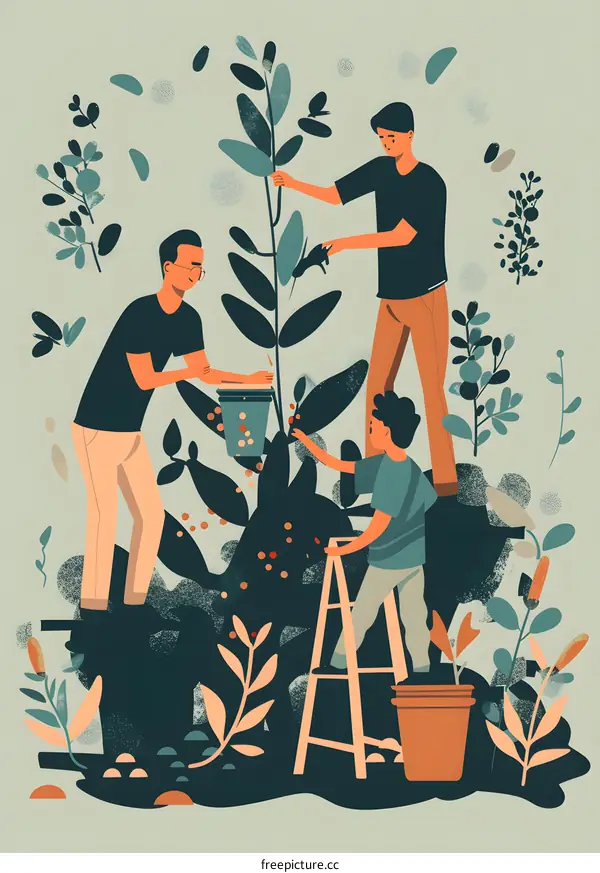Family Planting Tree Together In Garden Illustration