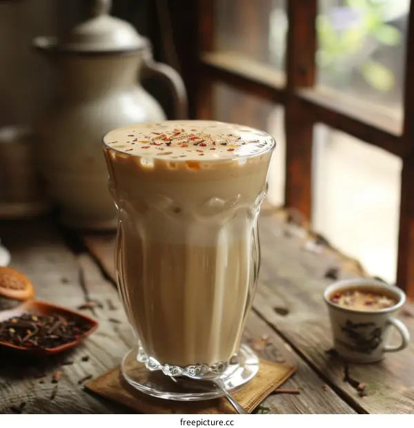 Glass of milk tea with spices on wooden table