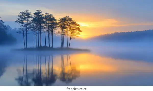 Sunrise over Misty Lake with Silhouette Trees