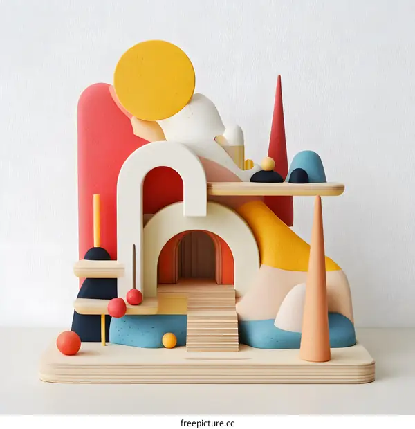 Abstract Wooden Sculpture with Geometric Shapes and Colors
