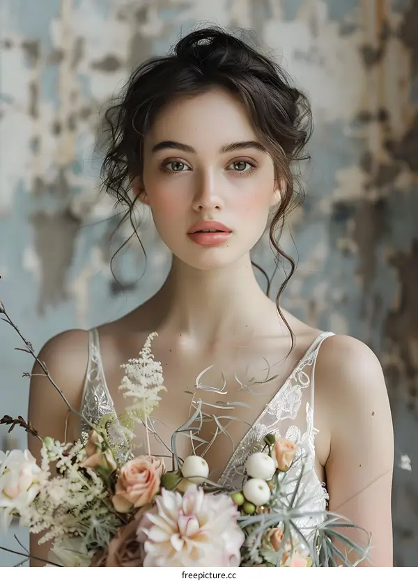 Portrait of a beautiful young woman with brown hair and green eyes