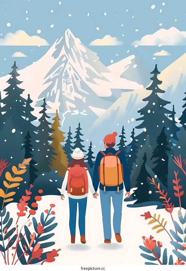 Winter Hiking Couple Mountain Forest Landscape Illustration