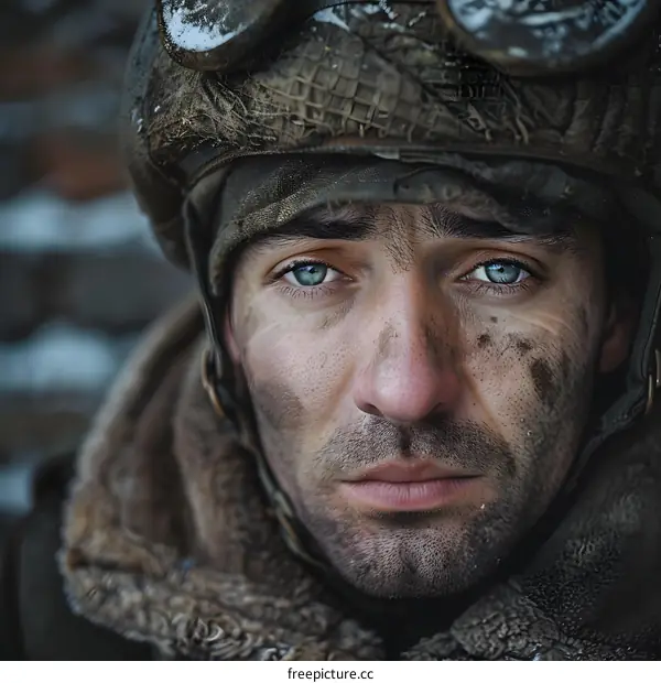 Portrait of a soldier with blue eyes