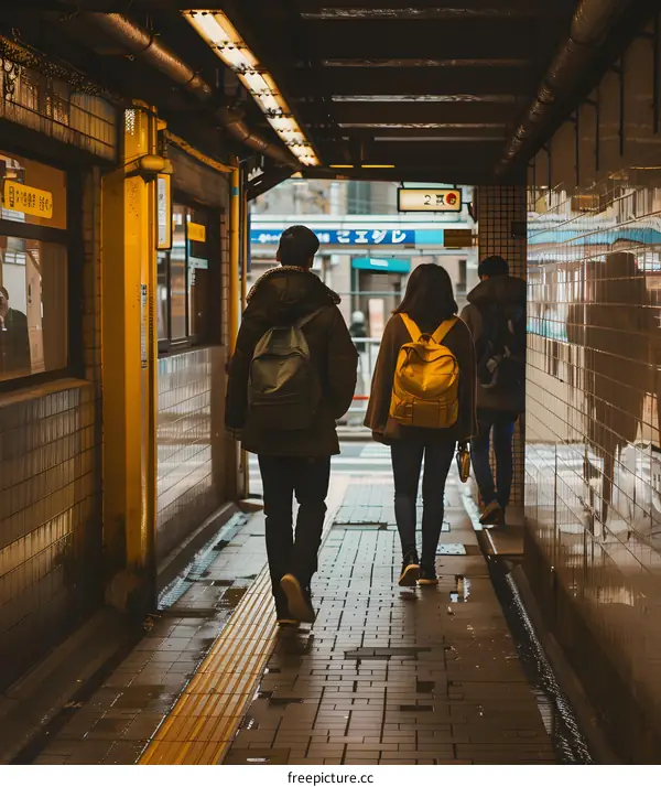 Three People Walking Through A Subway Tunnel