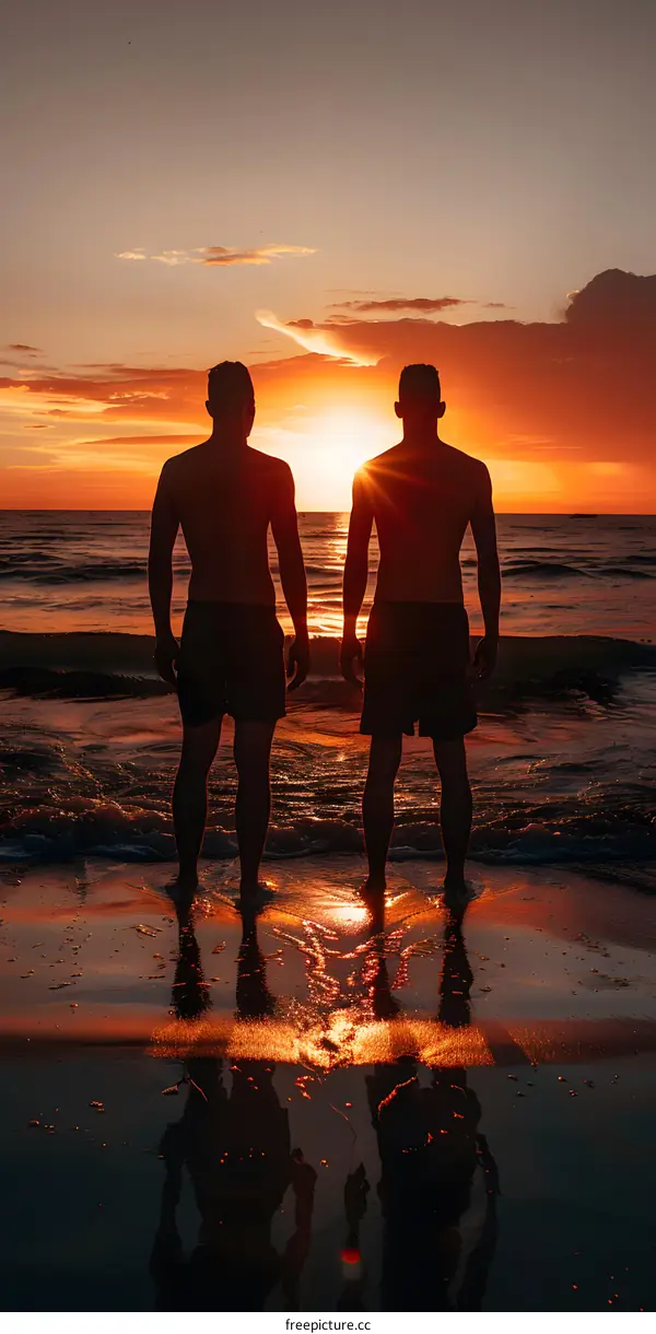 Two Men Silhouettes at Sunset on a Beach