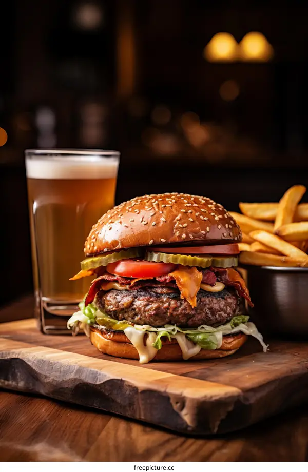 A delicious cheeseburger with fries and a glass of beer on a wooden table
