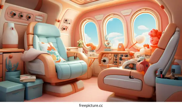 A Cozy Airplane Cabin with a Retro Futuristic Interior