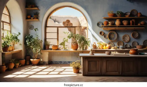A beautiful Mediterranean kitchen with a large window