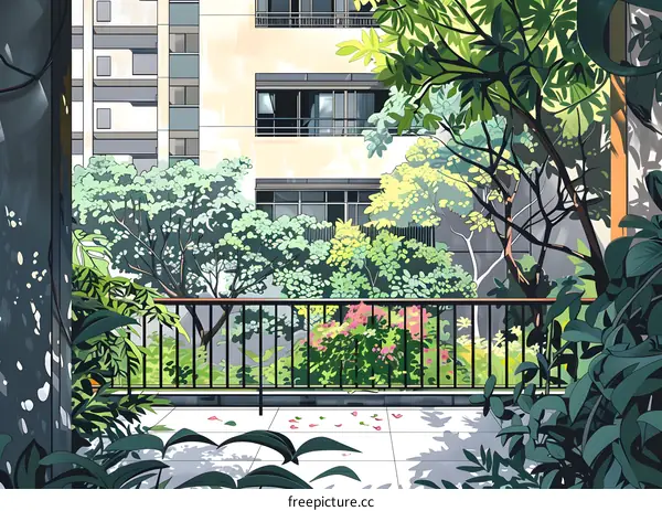 Green Balcony View With Tall Building in Background