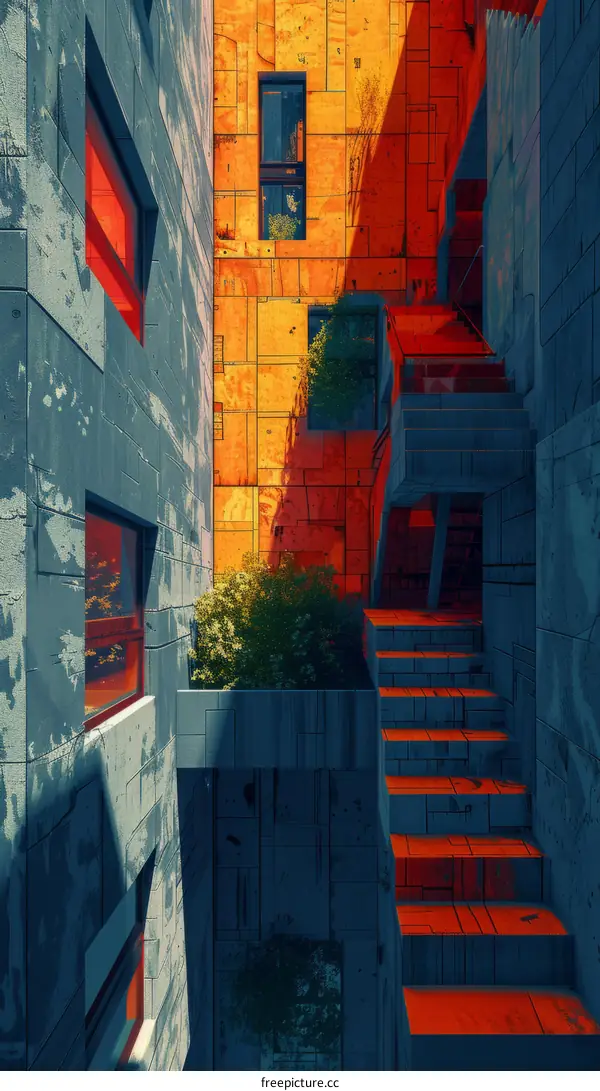 Illustration of a Narrow Alley with Stairs and Plants