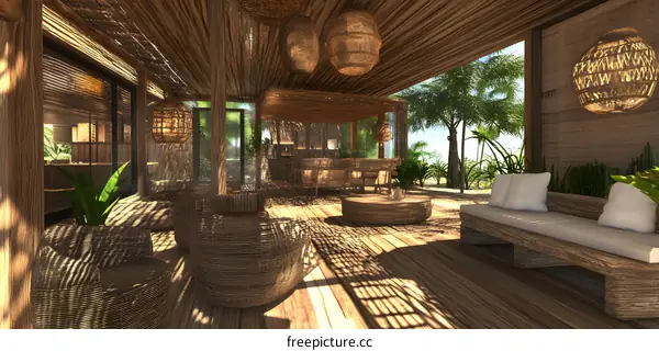 Tropical Wooden Patio Design with Wicker Furniture