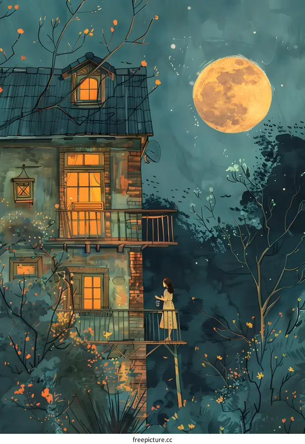 girl standing on the balcony at night looking at the moon