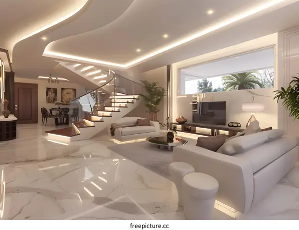 Modern Living Room Interior Design with White Sofa and Glass Staircase