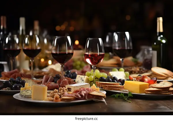 An assortment of red and white wine, cheese, and fruit on a wooden table.
