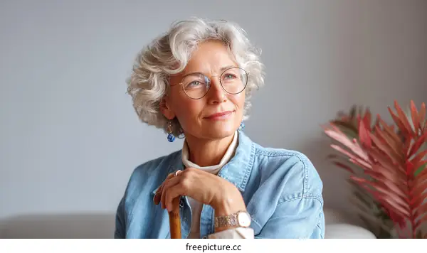 Thoughtful Senior Woman with Walking Stick