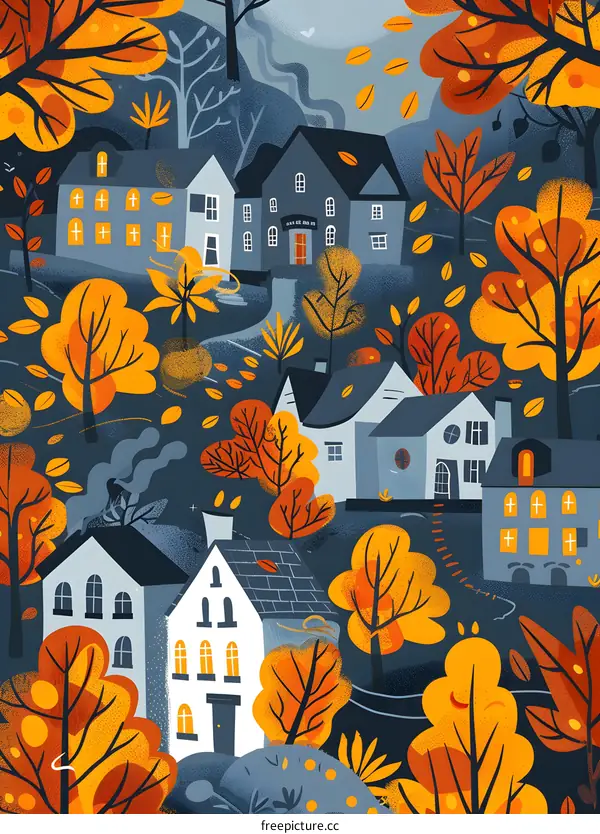 Autumn Village with Colorful Trees