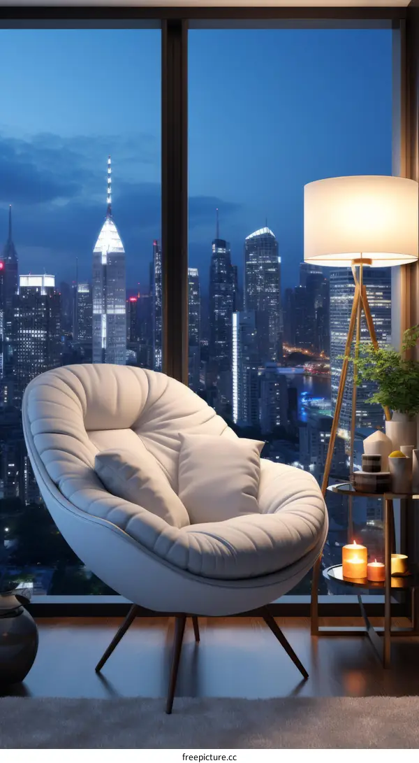 Elegant White Lounge Chair by Floor-to-Ceiling Window in Upscale City Apartment at Night