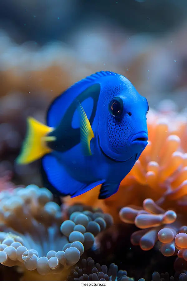 A vibrant blue tang fish with yellow tail fin swimming near orange and pink coral