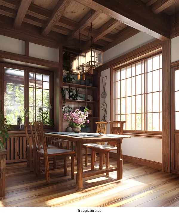 Japanese Style Dining Room Interior Design with Wooden Table and Chairs