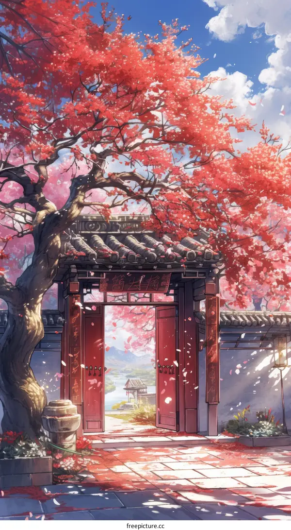 Chinese courtyard with red gate and cherry blossom tree