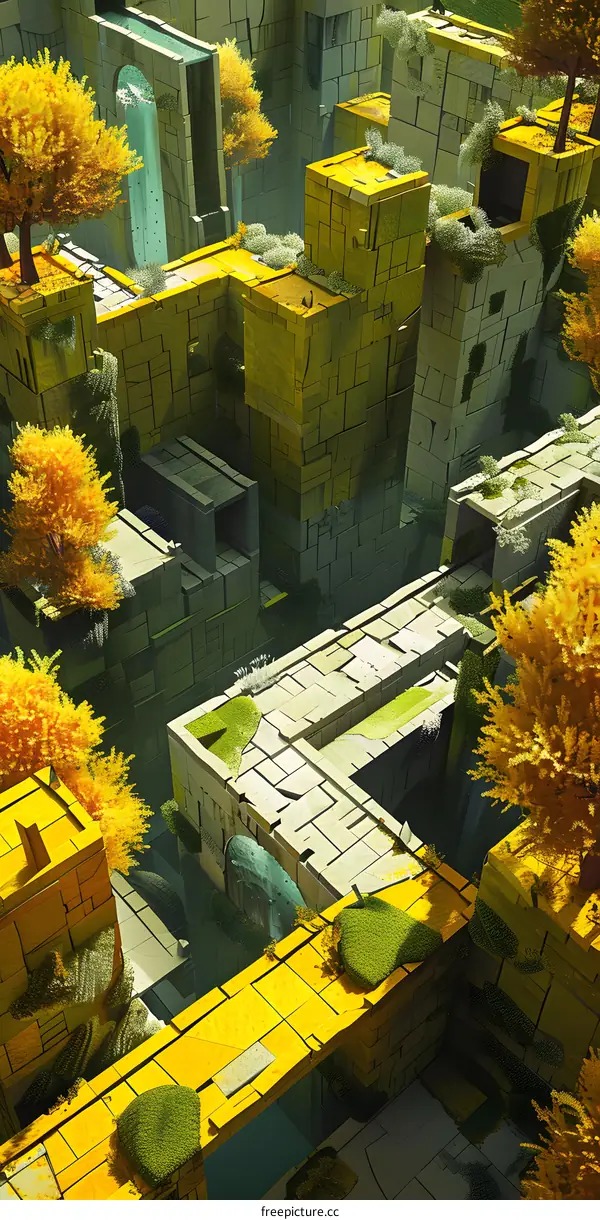 Abstract Geometric Architecture with Green and Yellow Color Scheme