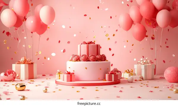 Pink Birthday Party Scene with Cake and Balloons