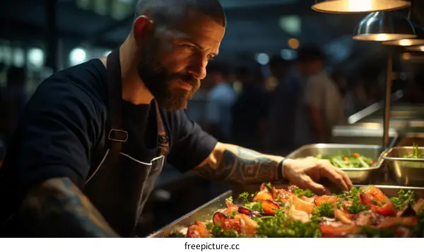 Tattooed chef is carefully preparing a dish in the kitchen