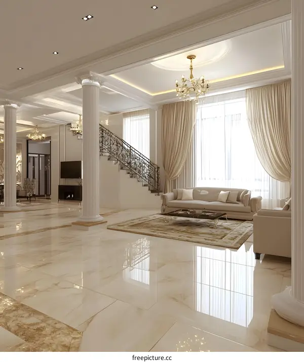 Interior Design with White Marble Floor and Chandelier